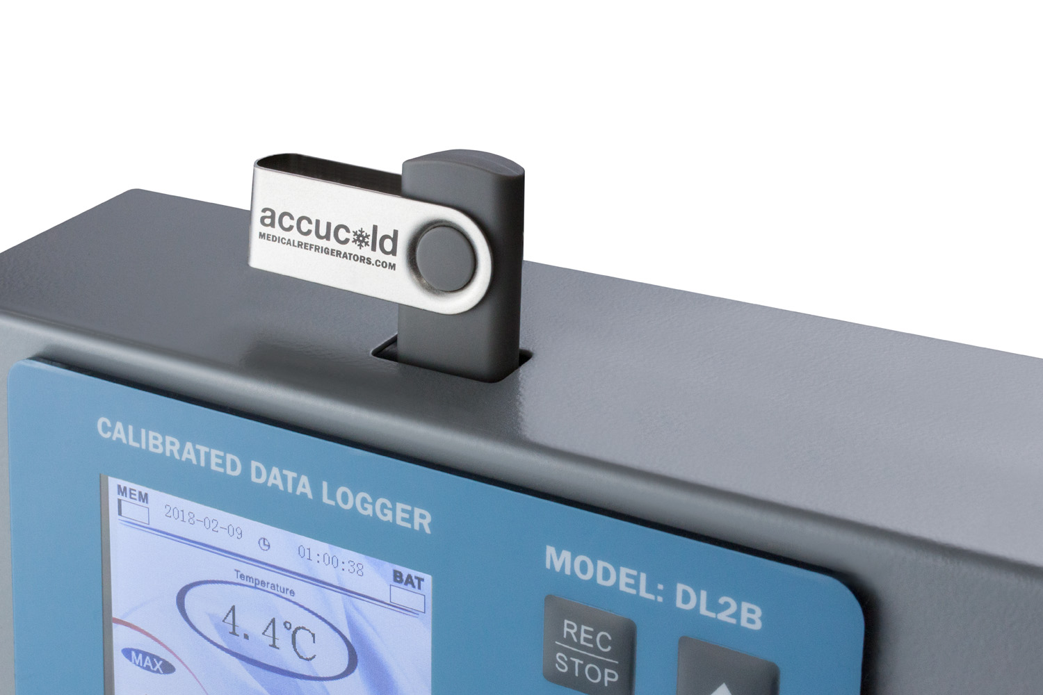 NIST calibrated USB digital data logger with LCD display of the current and high/low temperature and audible/visual temperature alarm